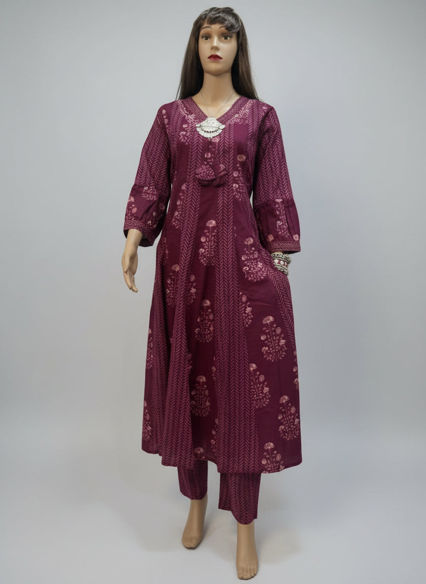 Maroon Printed Anarkali Cotton Kurta Set