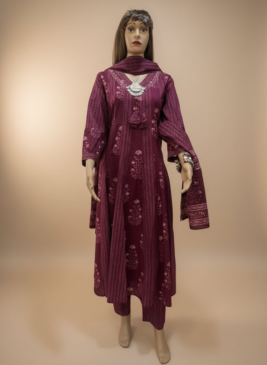 Maroon Printed Anarkali Cotton Kurta Set