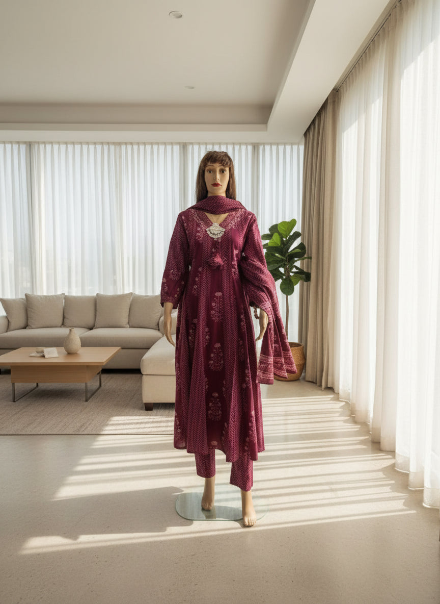 Maroon Printed Anarkali Cotton Kurta Set