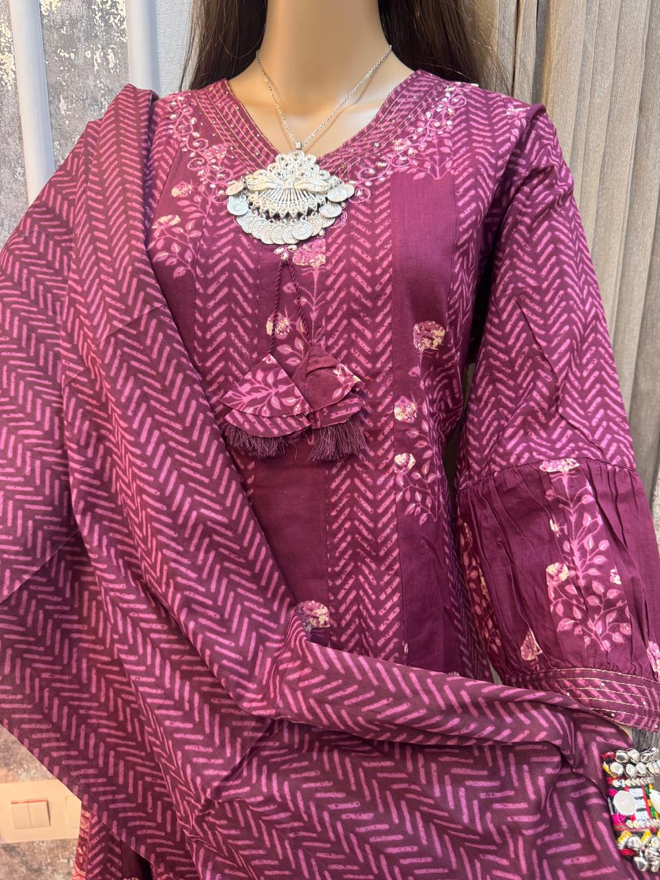 Maroon Printed Anarkali Cotton Kurta Set