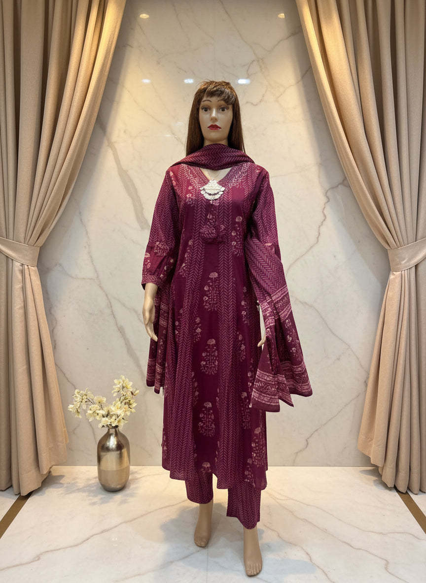 Maroon Printed Anarkali Cotton Kurta Set