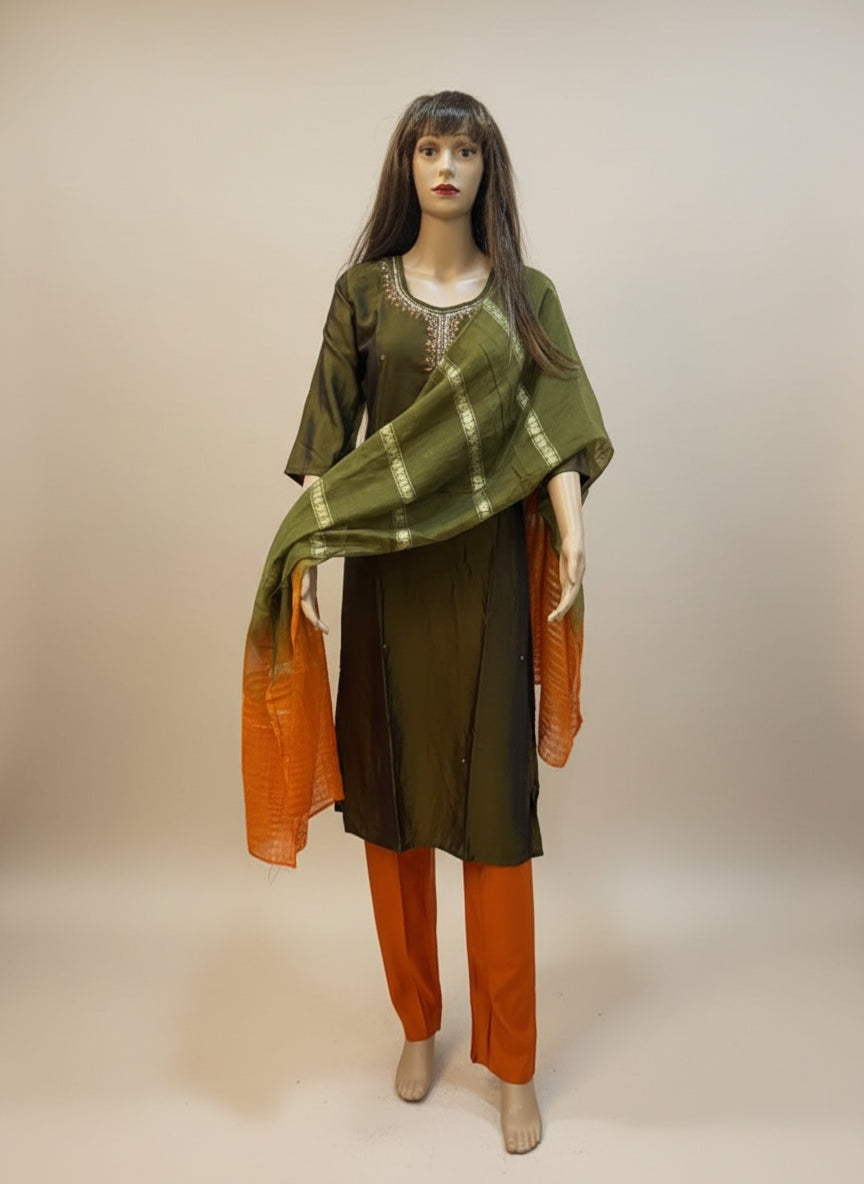 Olive Green and Orange Silk Kurta Set