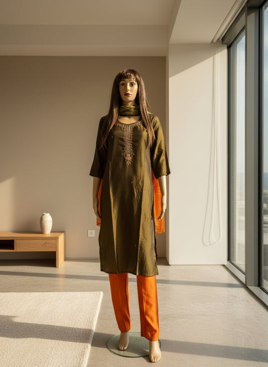 Olive Green and Orange Silk Kurta Set