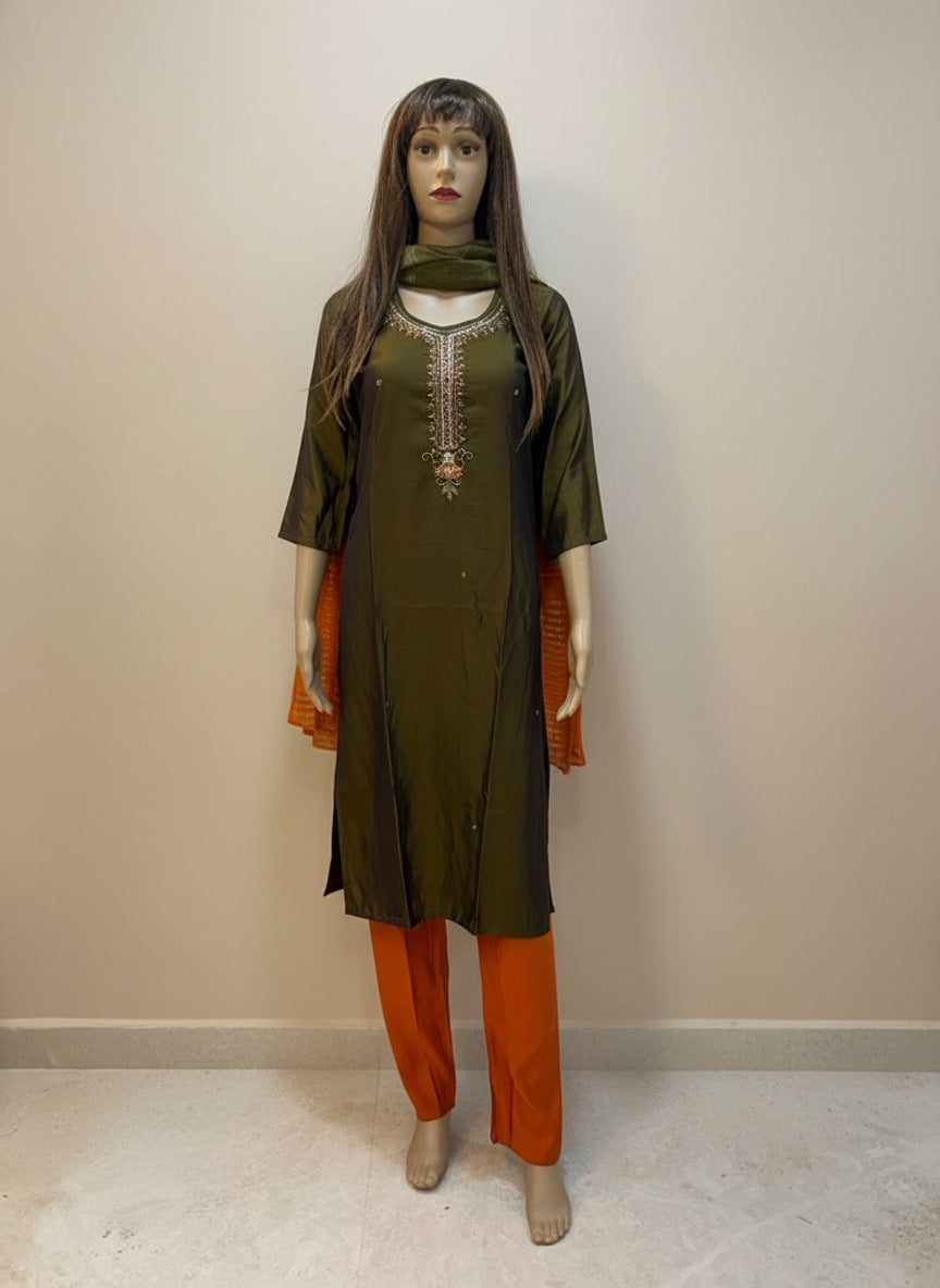 Olive Green and Orange Silk Kurta Set