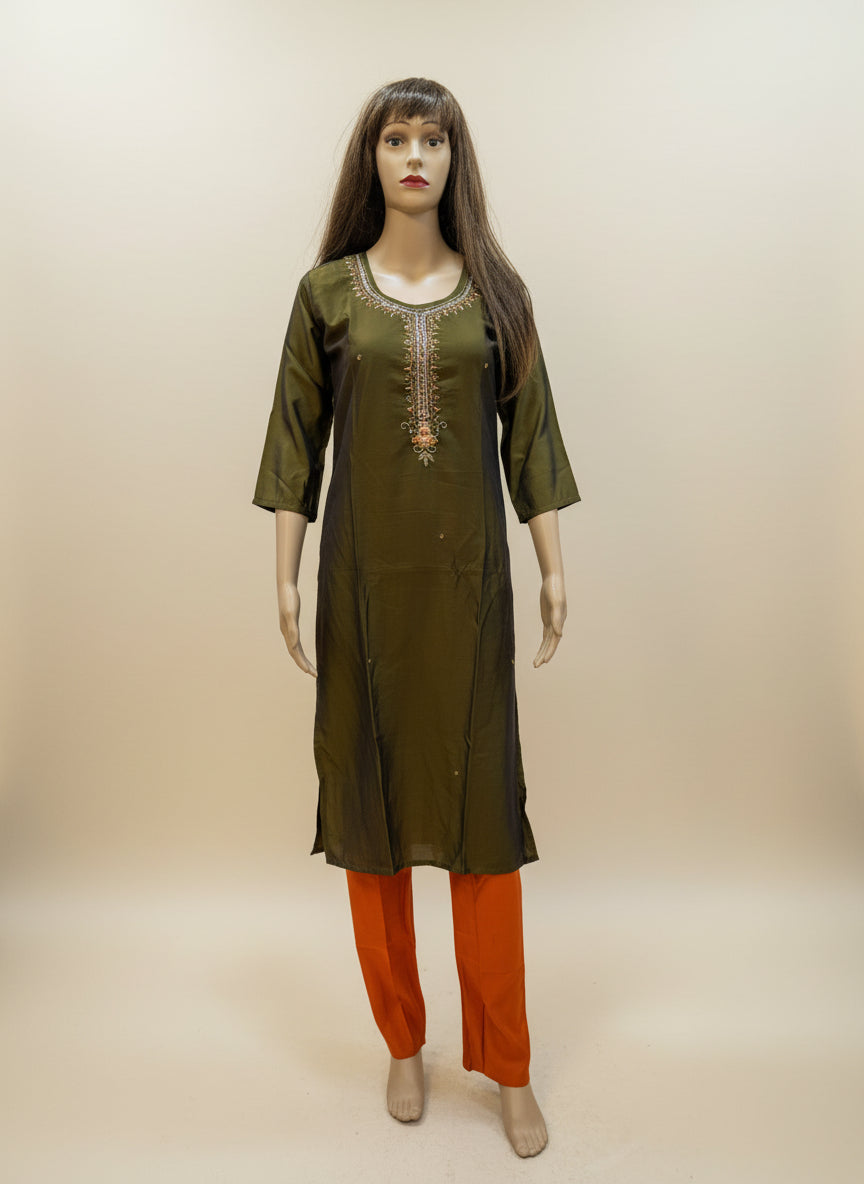 Olive Green and Orange Silk Kurta Set