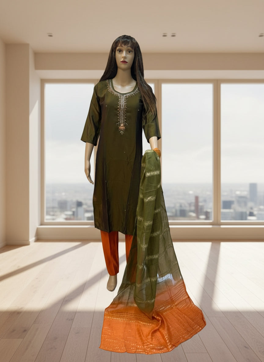 Olive Green and Orange Silk Kurta Set