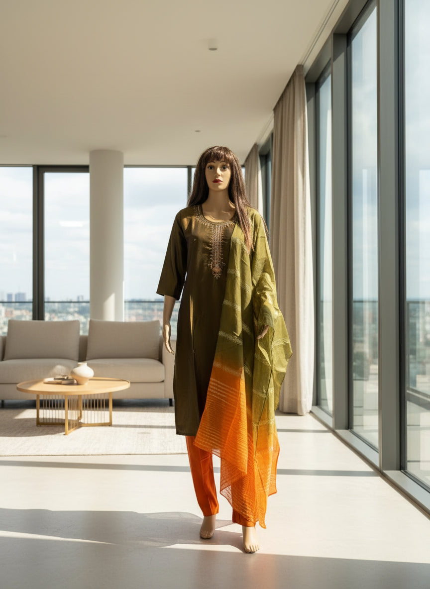 Olive Green and Orange Silk Kurta Set