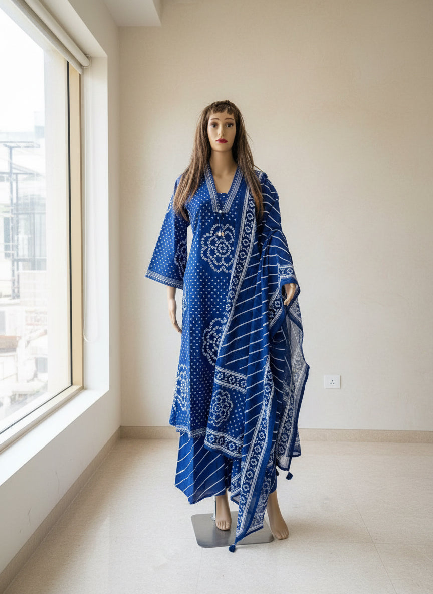 Indigo Bandhani Print Cotton Kurta Set with Striped Dupatta