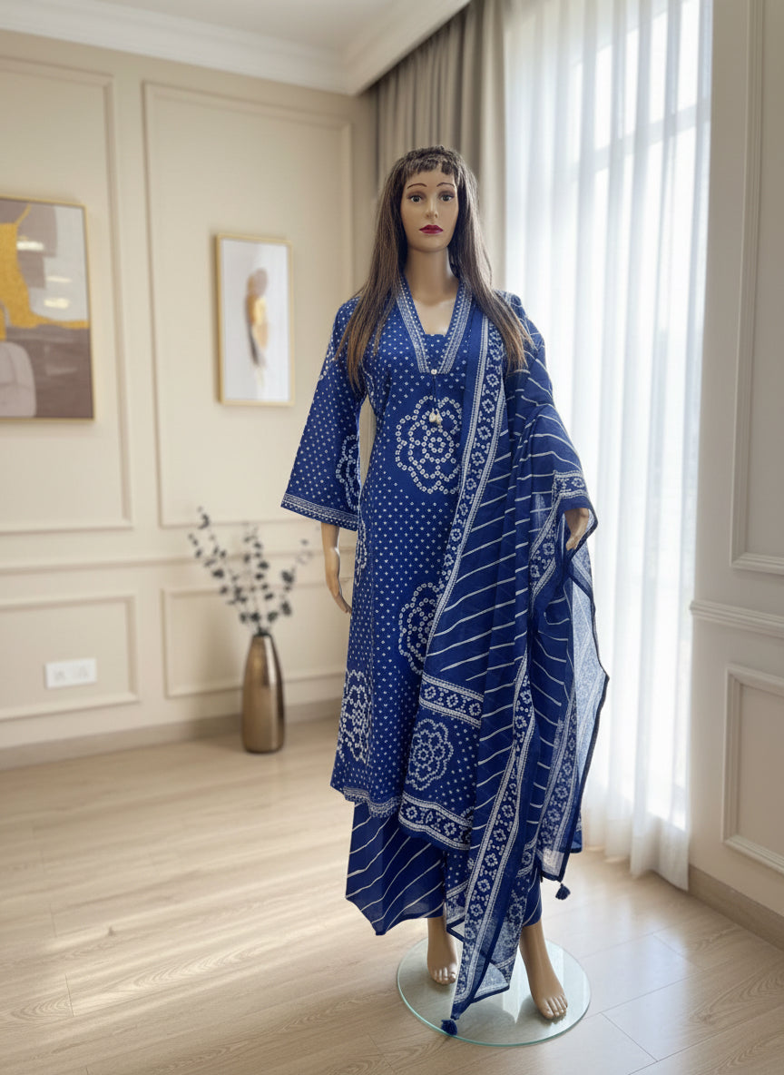 Indigo Bandhani Print Cotton Kurta Set with Striped Dupatta