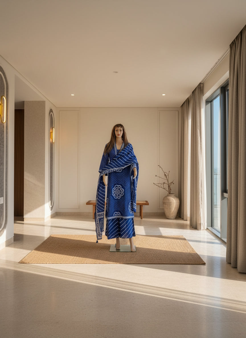 Indigo Bandhani Print Cotton Kurta Set with Striped Dupatta