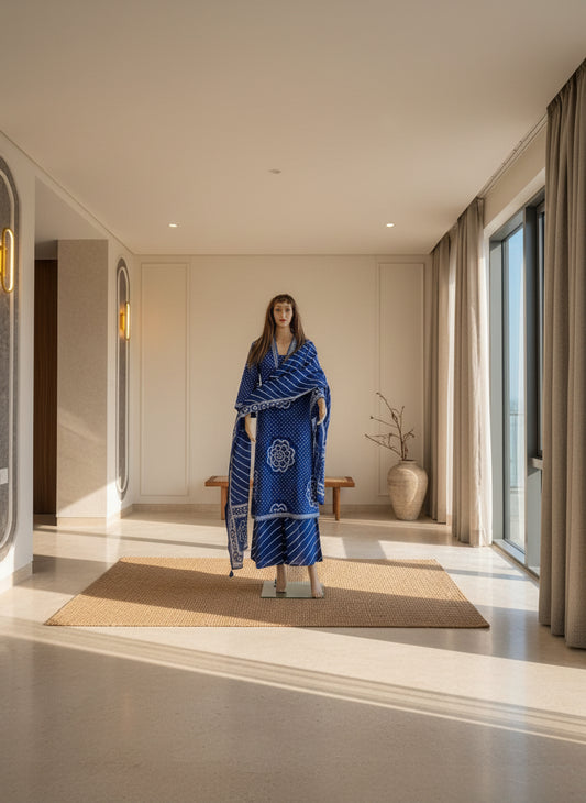 Indigo Bandhani Print Cotton Kurta Set with Striped Dupatta