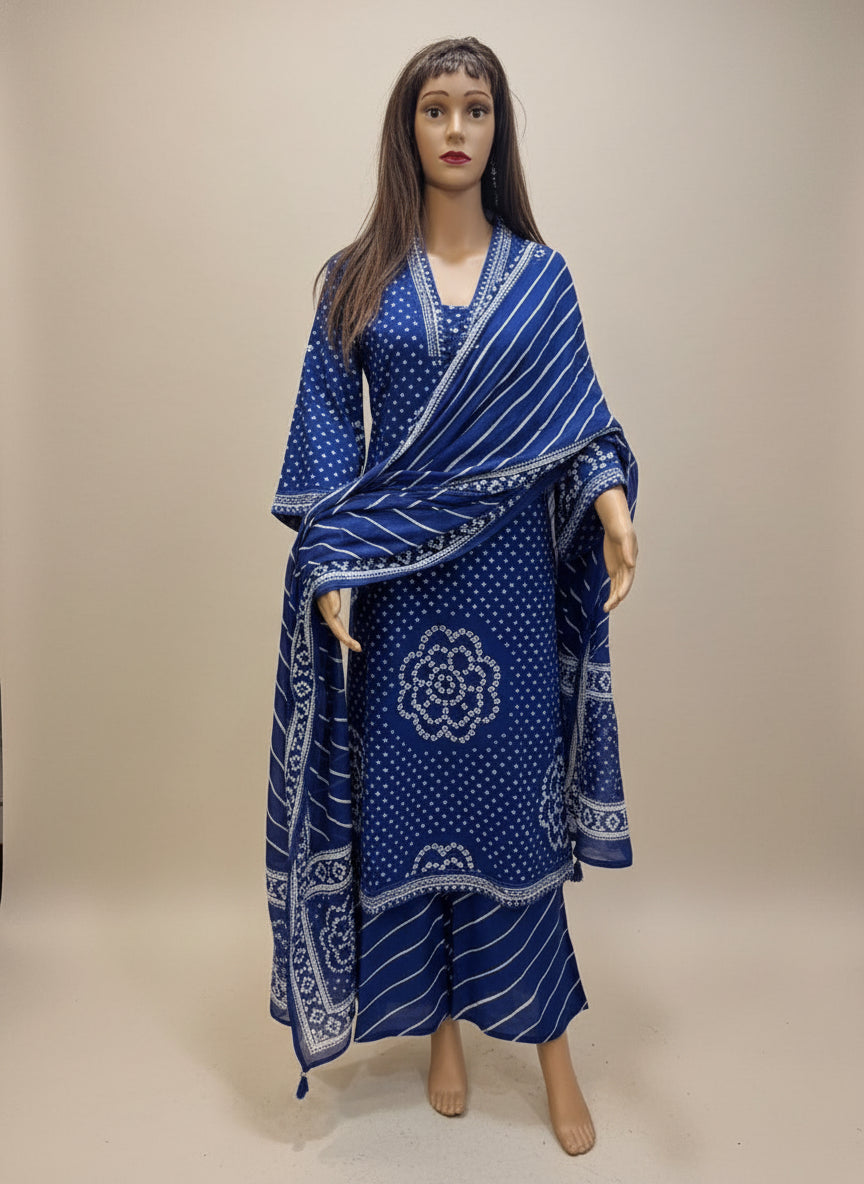 Indigo Bandhani Print Cotton Kurta Set with Striped Dupatta