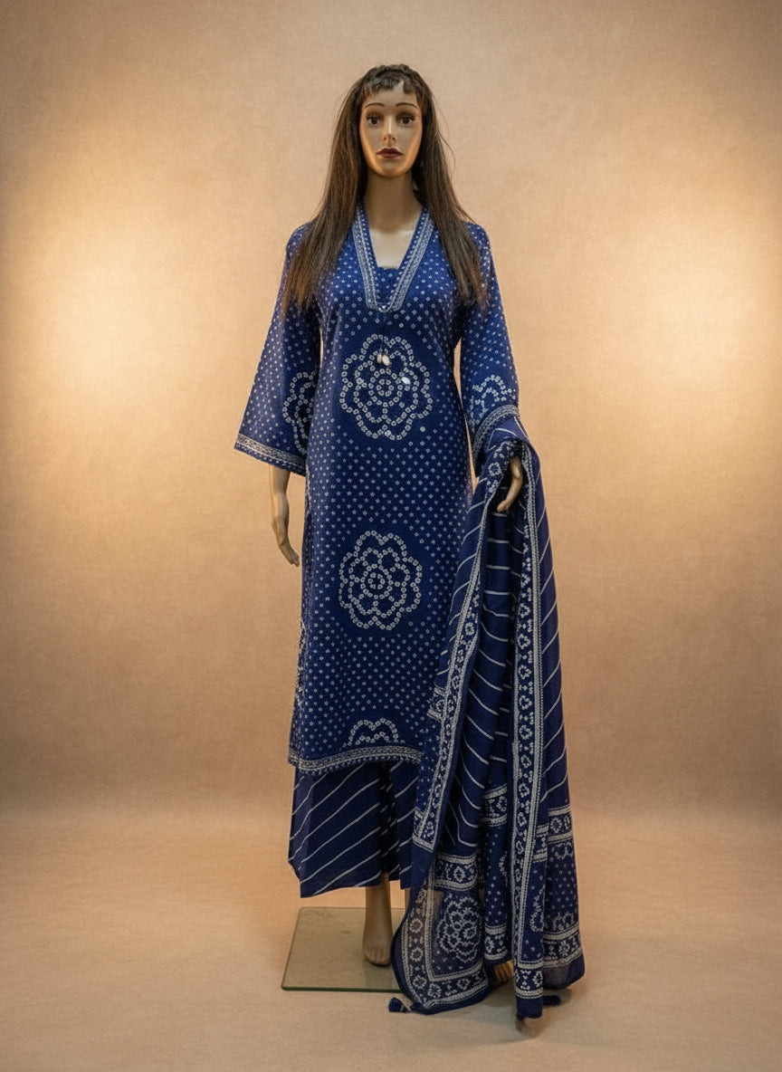 Indigo Bandhani Print Cotton Kurta Set with Striped Dupatta