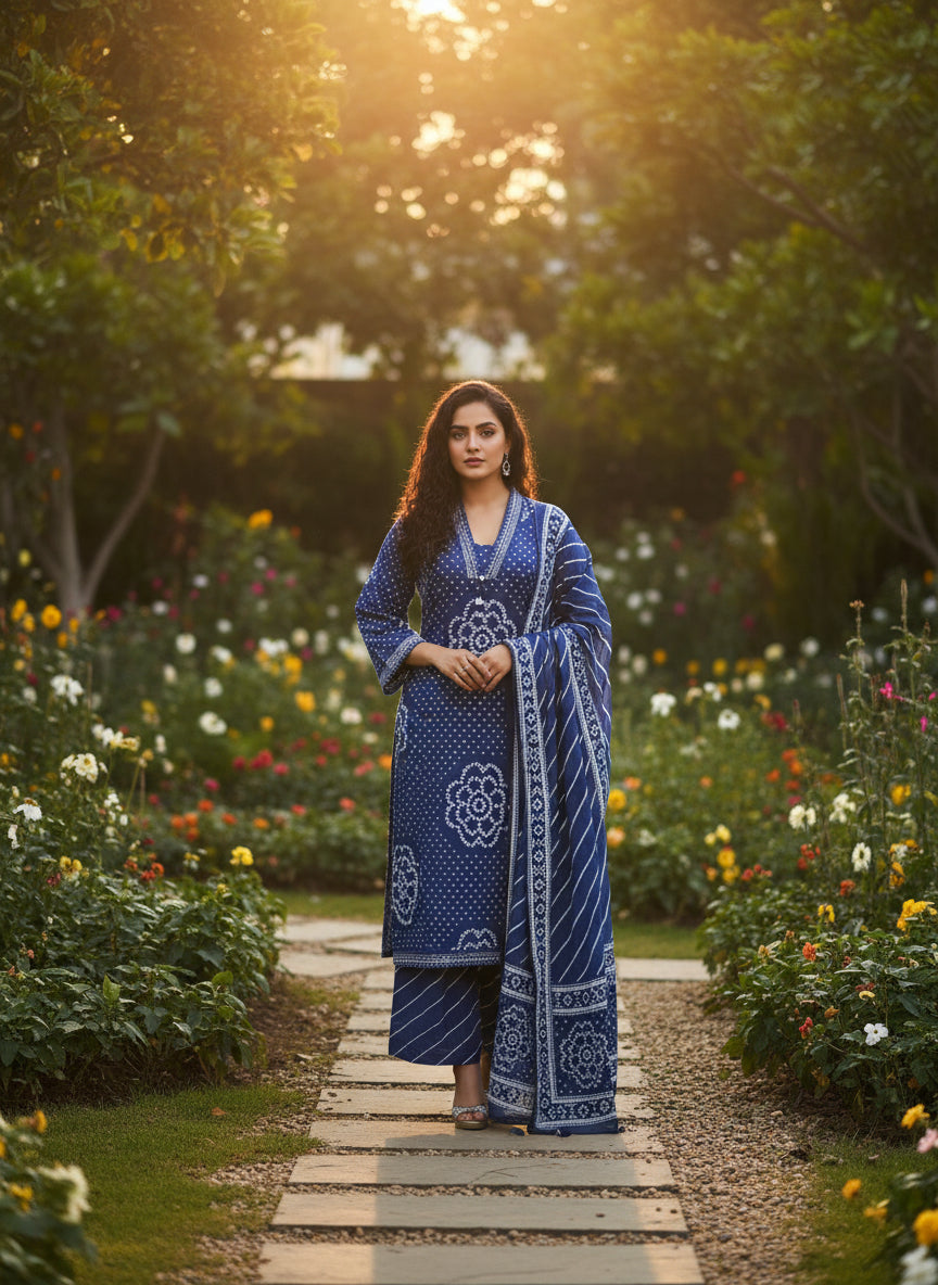 Indigo Bandhani Print Cotton Kurta Set with Striped Dupatta