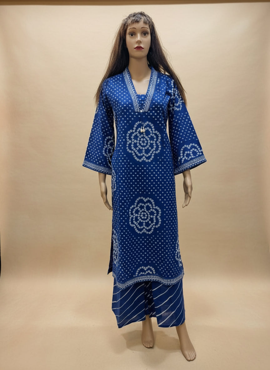 Indigo Bandhani Print Cotton Kurta Set with Striped Dupatta