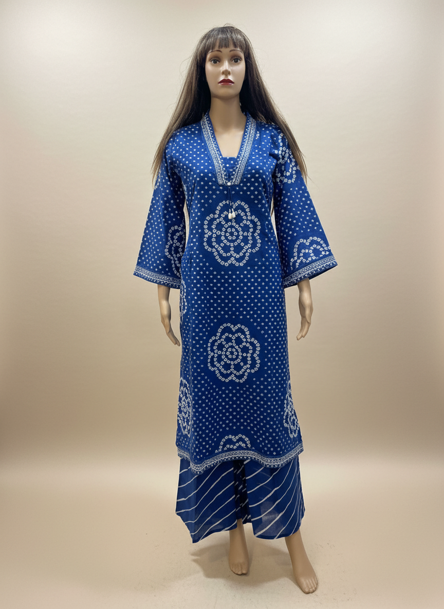 Indigo Bandhani Print Cotton Kurta Set with Striped Dupatta