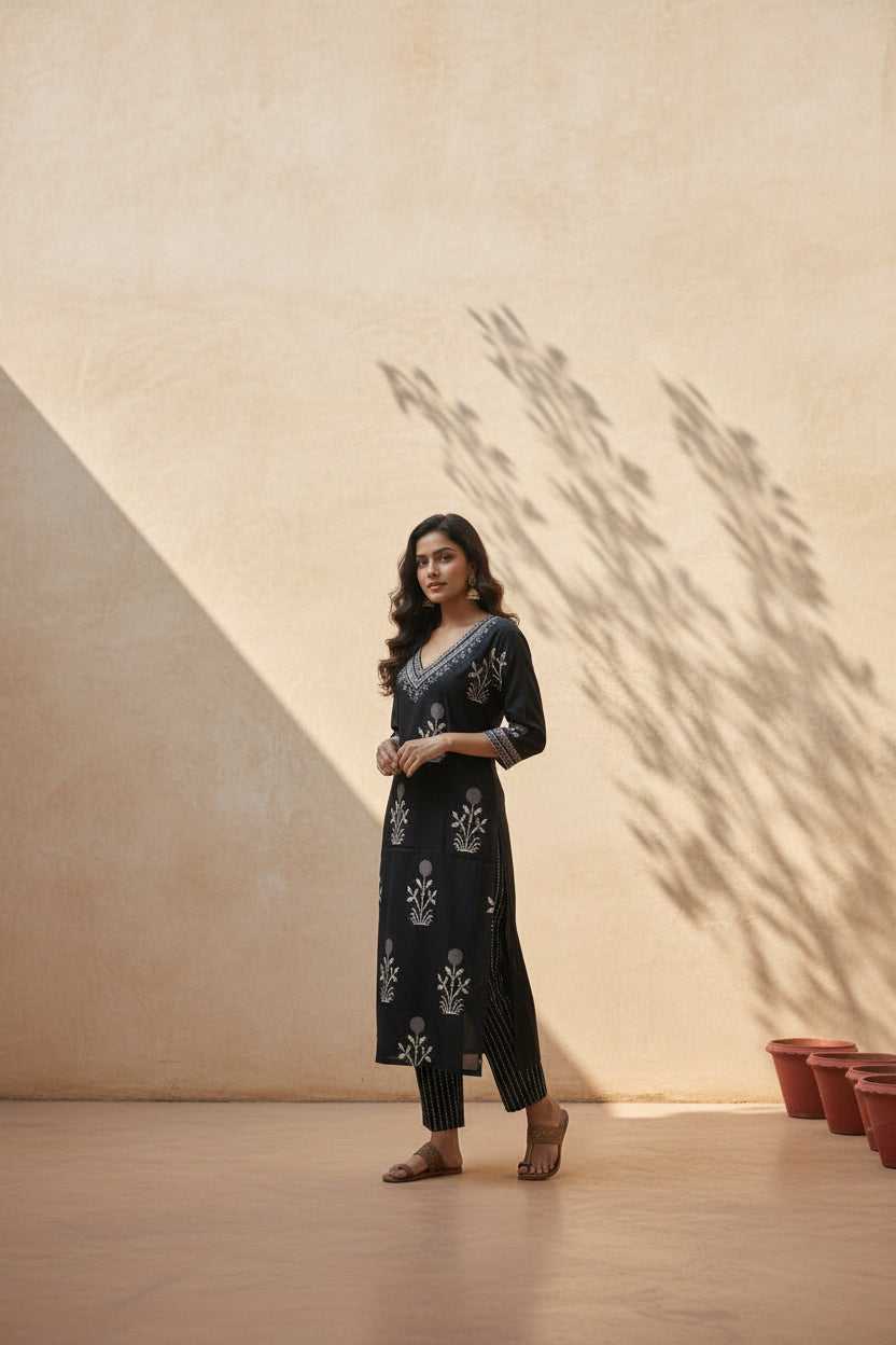 Black Embroidered Cotton Kurta Set