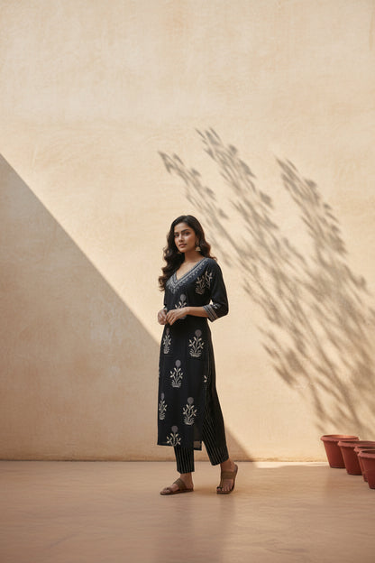 Black Embroidered Cotton Kurta Set