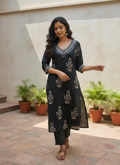 Black Embroidered Cotton Kurta Set