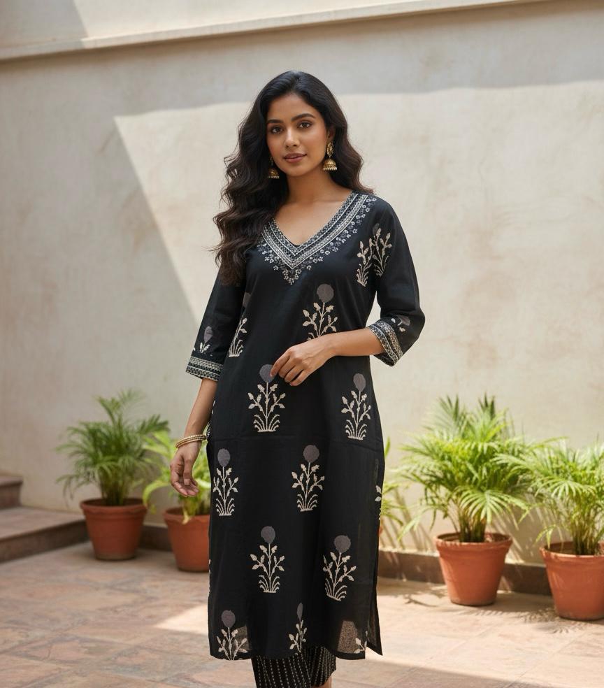 Black Embroidered Cotton Kurta Set