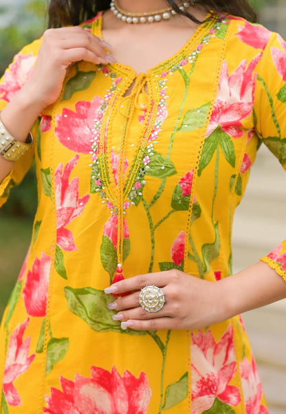 Yellow Printed Cotton Kurta Set