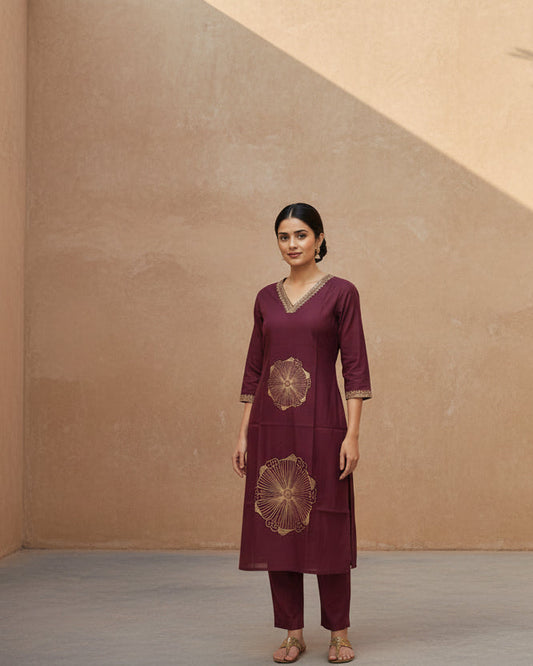 Wine embroidery Kurta Set for Women with dupatta