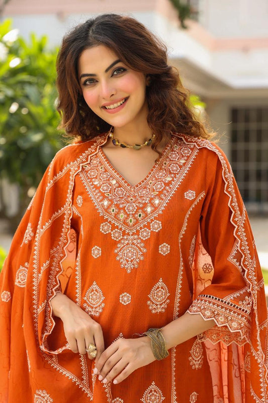 Rust Heavy Embroidered Kurta Set with Dupatta