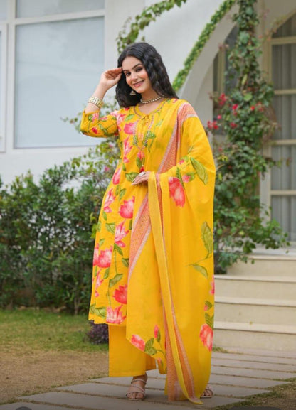 Yellow Printed Cotton Kurta Set