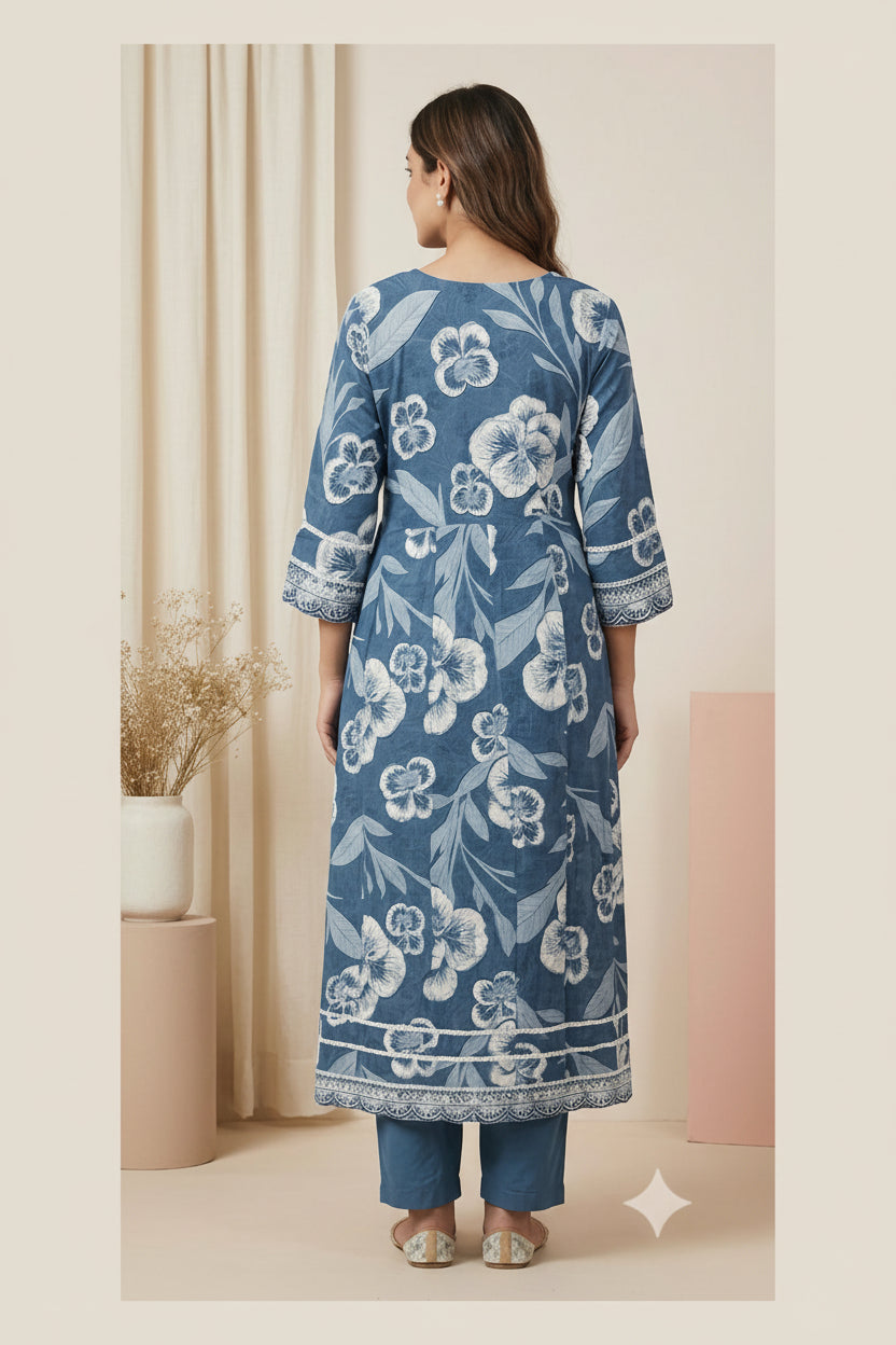 Indigo Blue Printed Cotton A-line Kurta Set