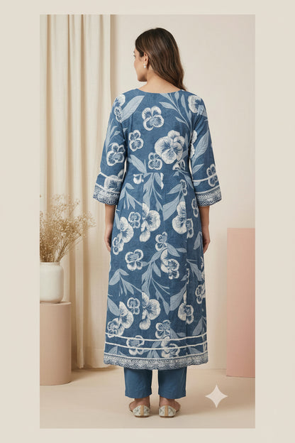 Indigo Blue Printed Cotton A-line Kurta Set