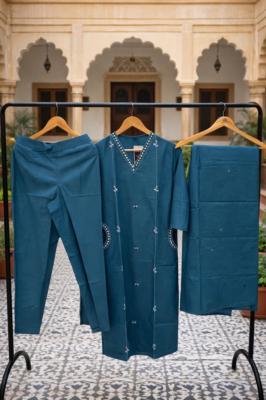 Teal Cotton Kurta Set