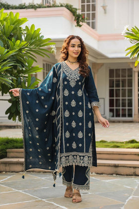 Turquoise Embroidered Cotton Kurta Set