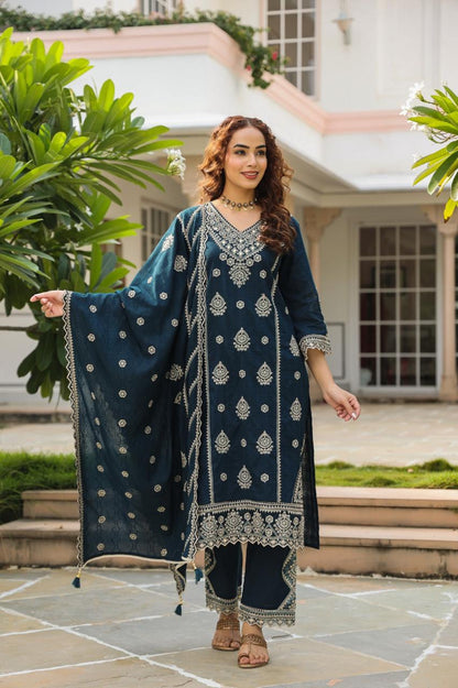 Turquoise Embroidered Cotton Kurta Set