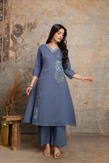 Grey Floral Embroidered Kurta Set
