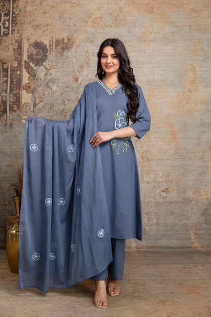 Grey Floral Embroidered Kurta Set