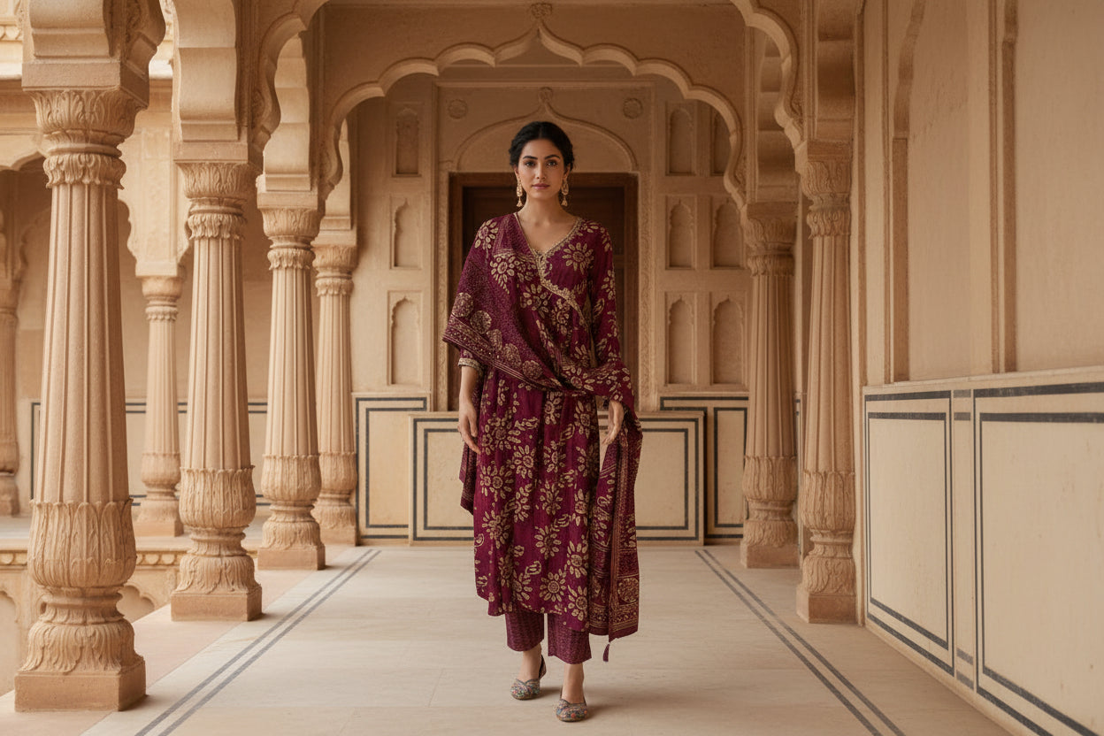 Wine Floral Kurta Set 12