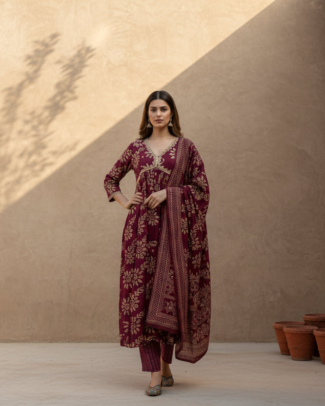 Wine Floral Kurta Set 13