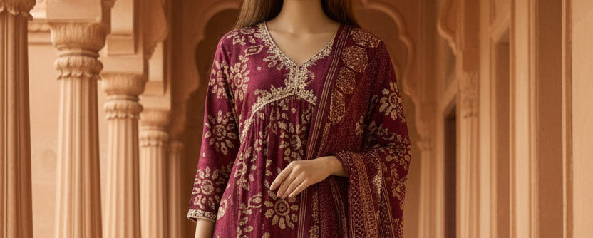 Wine Floral Kurta Set 16