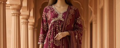 Wine Floral Kurta Set 16