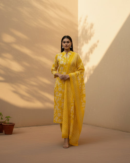 Yellow Cotton Angrakha Printed Kurta Set