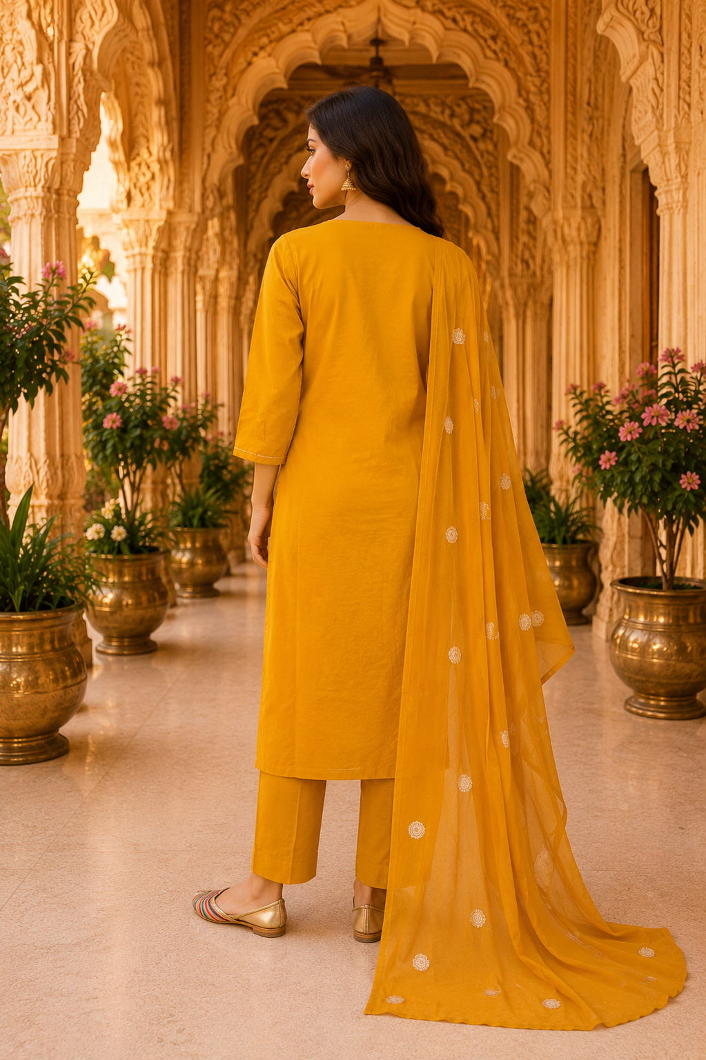 Golden Marigold Embroidered mulcotton Kurta Set