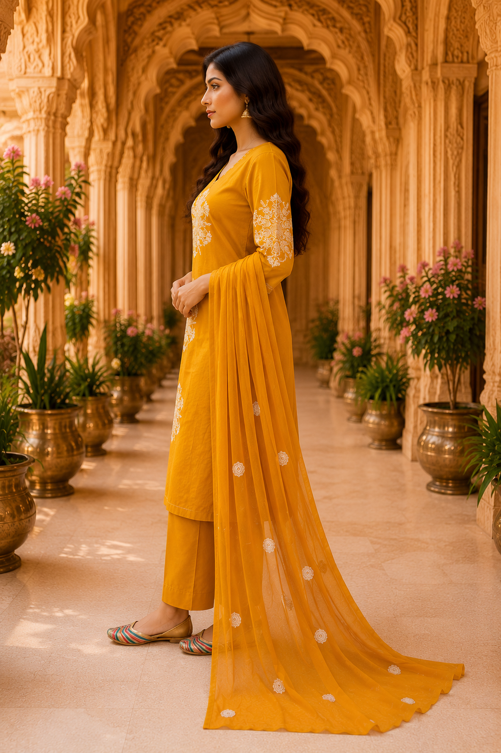Golden Marigold Embroidered mulcotton Kurta Set