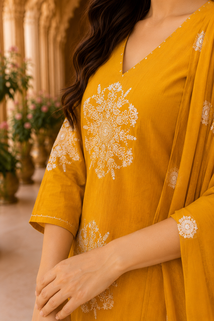 Golden Marigold Embroidered mulcotton Kurta Set
