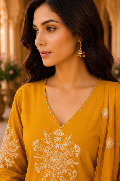 Golden Marigold Embroidered mulcotton Kurta Set