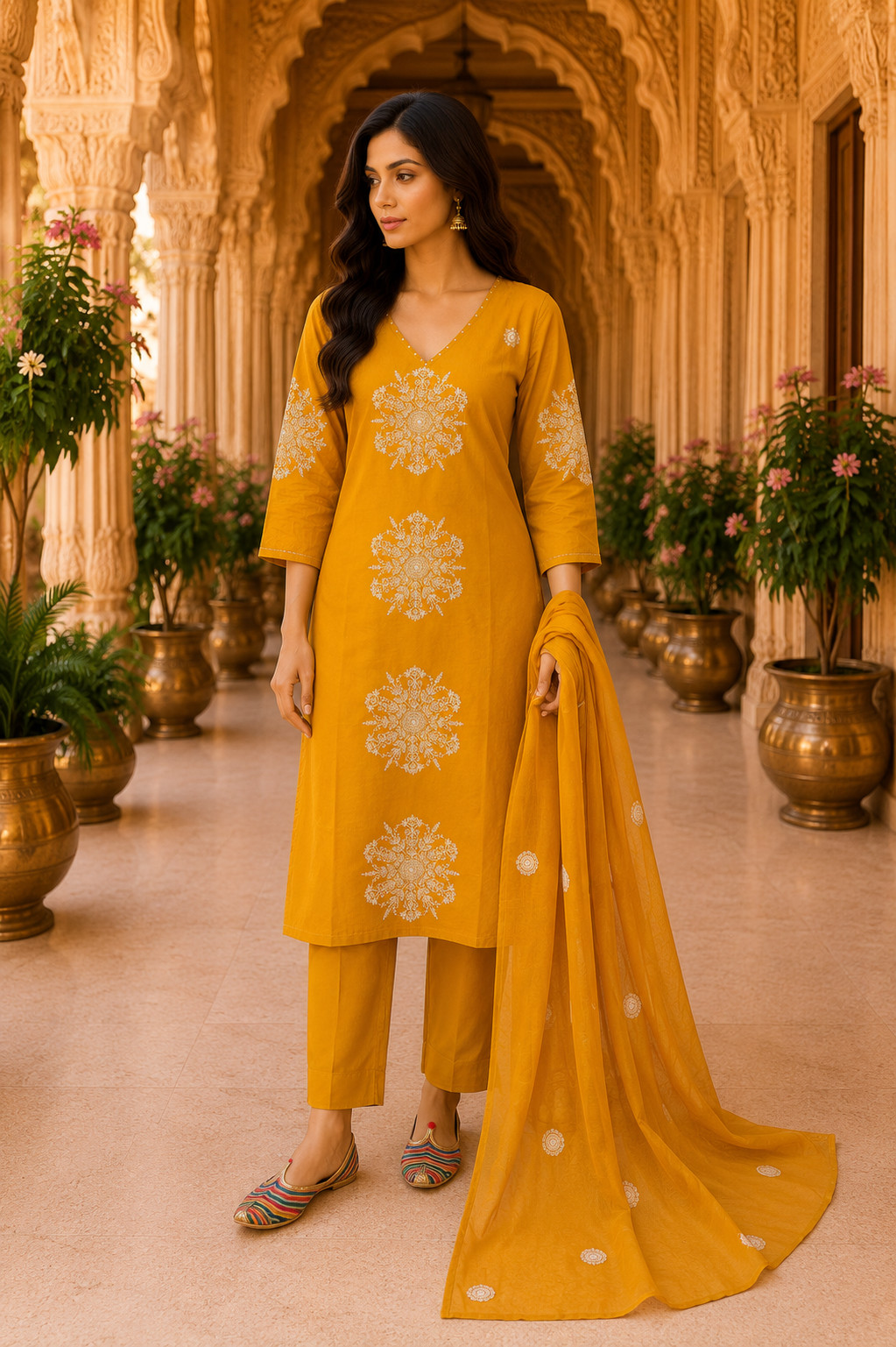 Golden Marigold Embroidered mulcotton Kurta Set