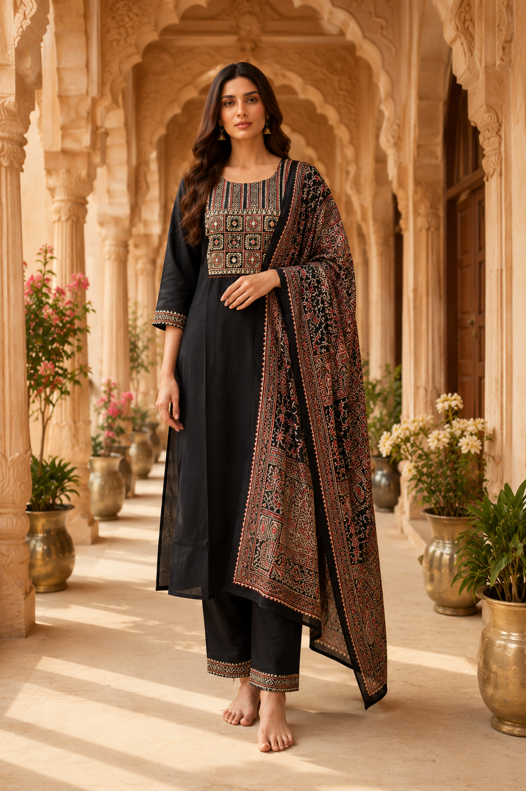 Black Ajrakh cotton kurta set