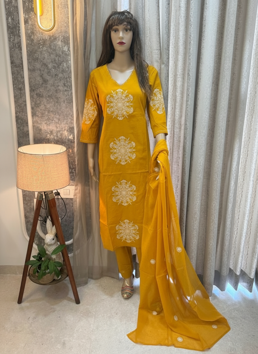 Golden Marigold Embroidered mulcotton Kurta Set