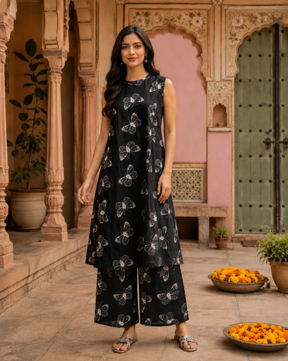 Black Cotton Printed Palazzo Set