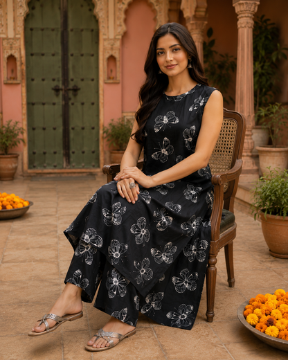 Black Cotton Printed Palazzo Set