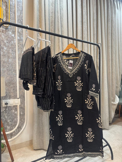 Black Embroidered Cotton Kurta Set